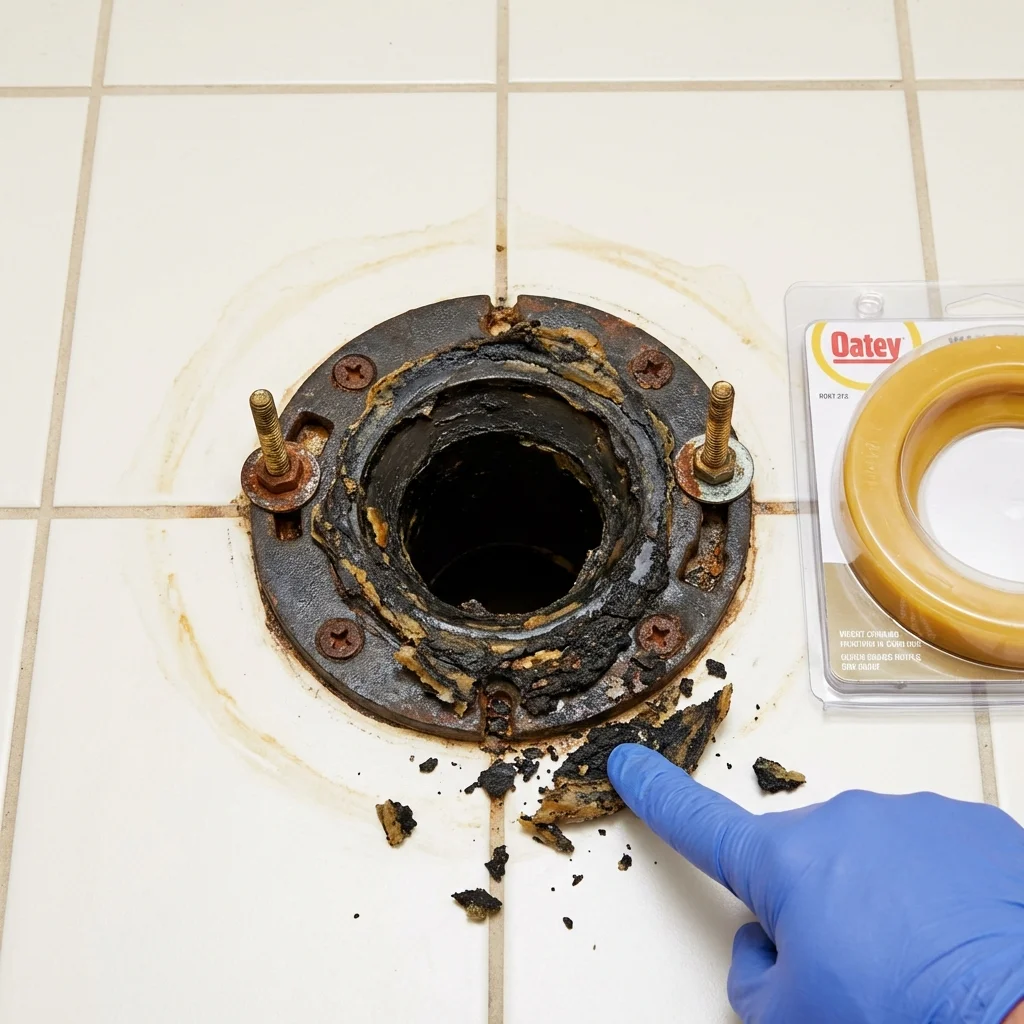 Failed wax ring showing water seepage at the base of a toilet in a Sylvania, AL home