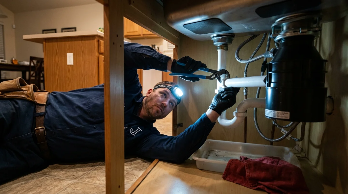 P-trap and supply line connections under a kitchen sink showing a common leak point in Sylvania, AL